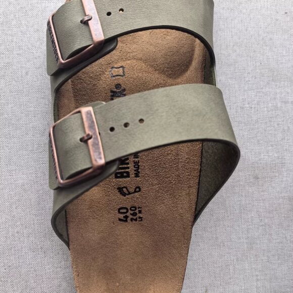 Birkenstock Arizona Sandals - Olive Green Suede with Copper Buckles - Picture 6 of 7
